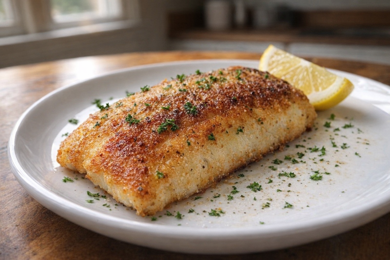 A perfectly pan-fried fish fillet on a white plate, golden-brown crust, parsley garnish, lemon wedge, soft natural light